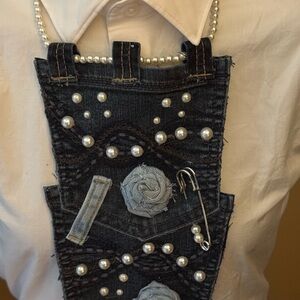 Pearl Embellished Denim Necklace